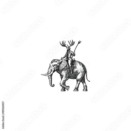 vintage engraving illustration of a large elephant being ridden by a figure wearing stag antlers and holding a spear or staff