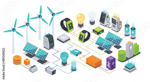 Modern renewable energy sources powering smart devices for sustainable living in a clean environment with solar panels and windmills solution