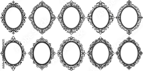 Vector collection of vintage oval photo frames, black antique ornamental borders, decorative floral designs, retro mirror silhouettes for wedding invitation, luxury certificate art