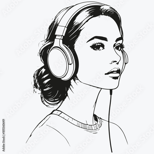 woman in headphones listen music sketch illustration vector