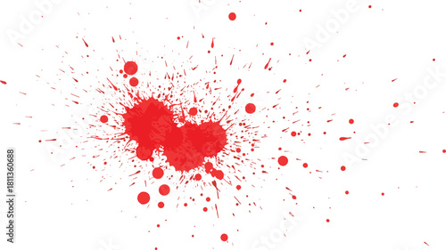 Vector illustration of abstract red blood splatter, grunge paint splash texture, messy ink stain, liquid drops background for horror design, isolated on white