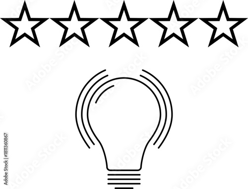 5 star rating and glowing bulb emphasizing ideas, reviews, feedback, innovation, goals. Creativity, teamwork, quality improvement evaluation user experience illustration
