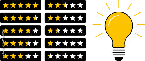 5 star rating and glowing bulb emphasizing ideas, reviews, feedback, innovation, goals. Creativity, teamwork, quality improvement evaluation user experience illustration