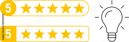 5 star rating and glowing bulb emphasizing ideas, reviews, feedback, innovation, goals. Creativity, teamwork, quality improvement evaluation user experience illustration