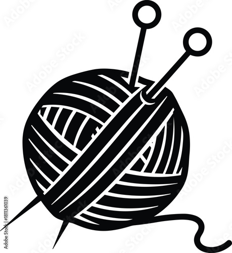 Vector illustration of black ball of yarn with knitting needles, wool skein silhouette for handmade craft logo, hobby design symbol, textile fashion icon, isolated white