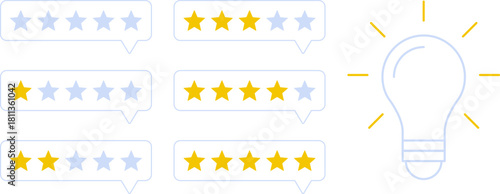 5 star rating and glowing bulb emphasizing ideas, reviews, feedback, innovation, goals. Creativity, teamwork, quality improvement evaluation user experience illustration