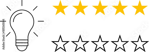 5 star rating and glowing bulb emphasizing ideas, reviews, feedback, innovation, goals. Creativity, teamwork, quality improvement evaluation user experience illustration