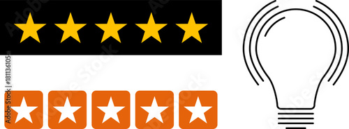 5 star rating and glowing bulb emphasizing ideas, reviews, feedback, innovation, goals. Creativity, teamwork, quality improvement evaluation user experience illustration
