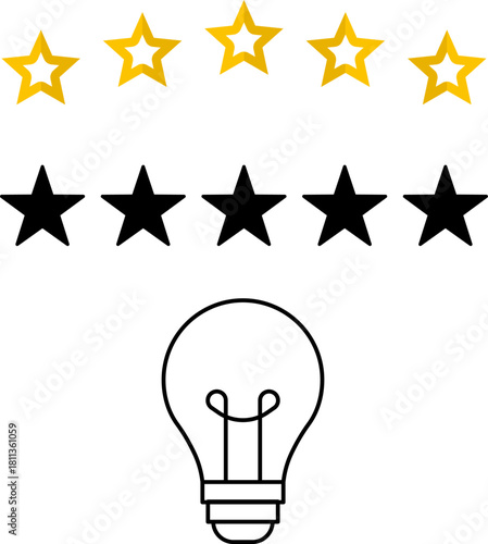 5 star rating and glowing bulb emphasizing ideas, reviews, feedback, innovation, goals. Creativity, teamwork, quality improvement evaluation user experience illustration