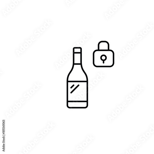 Wine bottle and lock. Restricted alcohol distribution. Pixel perfect, editable stroke vector icon