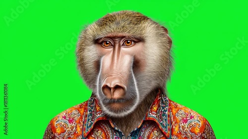 Realistic Baboon with Colorful Shirt Posing Against Green Background for Creative Projects