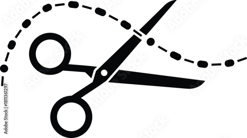 Vector illustration of black scissors cutting along dashed line, cutout symbol for coupon code, dotted border trim icon, stationery tool silhouette for craft design