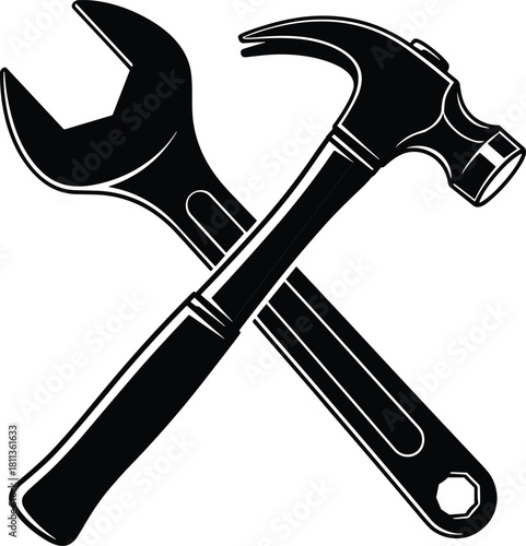 Vector illustration of crossed hammer and wrench tools, black and white silhouette icon for construction repair service, maintenance symbol logo design, industrial labor sign