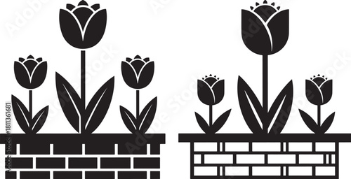 Two black silhouette flower pots filled with tulips and leaves