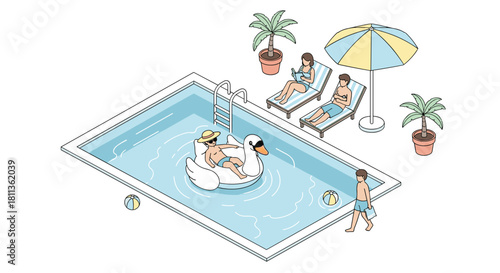 Relaxing summer vacation poolside scene with people lounging, reading, and swimming, perfect for travel blogs and family fun advertisements