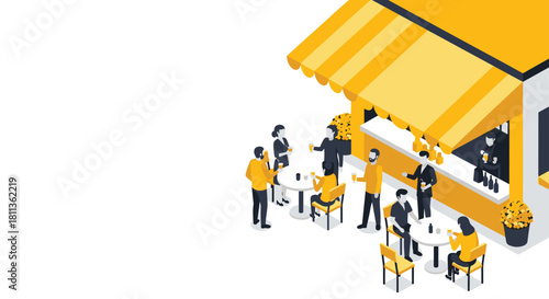 Isometric bar scene with people socializing outside under a yellow awning, ideal for summer promotions and vibrant event campaigns