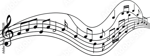 Vector illustration of musical notes wave on staff lines, black melody symbols for song composition, music background design, rhythm art element isolated on white