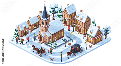The charm of a snowy winter village with horse-drawn carriages and festive cheer, perfect for holiday promotions and seasonal greetings