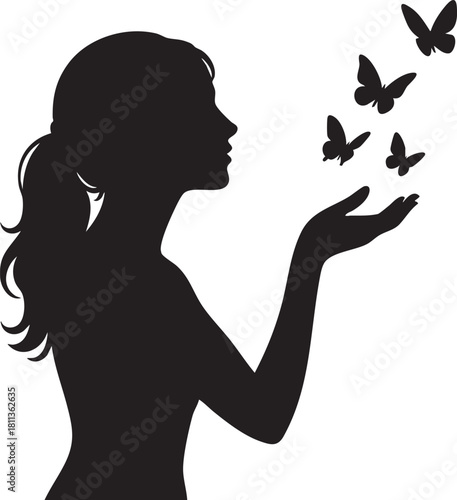 Woman releasing digital butterflies silhouette vector