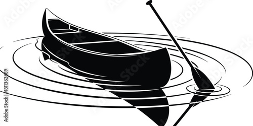 Vector illustration of wooden canoe floating on water with paddle, black and white silhouette boat for camping adventure, river travel icon design, outdoor recreation symbol