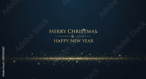 Elegant Merry Christmas and Happy New Year greeting card with golden sparkling glitter on a dark blue background.
