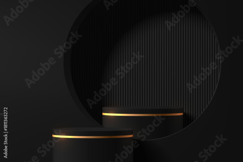 3D black gold round product podium background in circle window. Black Friday theme. Abstract geometric composition minimalist design. studio display showroom pedestal, Fashion stage showcases mockup