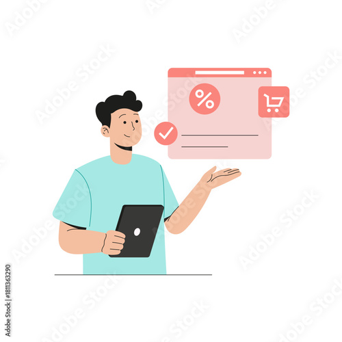 Successful E-Commerce Transaction and Best Customer Service: Man Checking Order Confirmation with Discount Offer