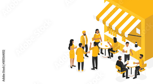 Cheerful isometric crowd enjoying drinks at trendy outdoor bar during happy hour, perfect for summer party promos and social gathering concepts