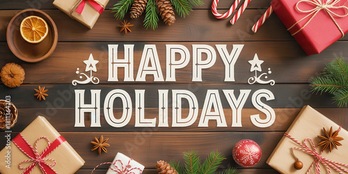 Happy holidays greeting card with christmas decorations and gifts