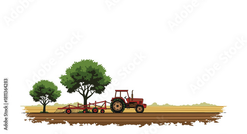 Vintage red tractor plowing field with trees, evoking rural landscapes and agricultural heritage in a charming, classic countryside scene