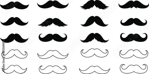 Vector set of black and white mustache silhouettes, retro barber shop icons, hipster man facial hair style, gentleman fashion symbols collection for design