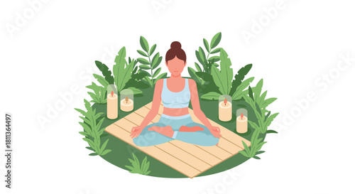 Find inner peace during a relaxing yoga session with candles in a lush garden setting, perfect for wellness and mindfulness campaigns