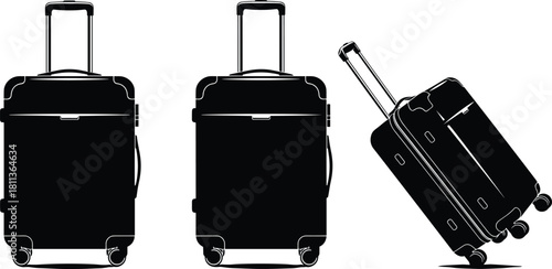 Vector set of black travel suitcase silhouettes, rolling luggage with handle icons, business baggage illustrations for airport vacation trip, isolated white background design element
