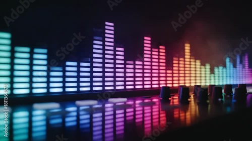 Colorful LED graphic equalizer moving to the music. Digital audio spectrum analyzer with vibrant lights. Sound frequency and rhythm visualization on a dark background