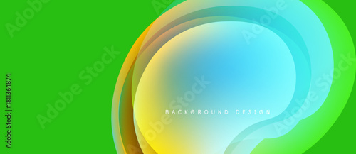 Bright abstract background. Layered flowing shapes create dynamic visual effect. Colors blendgreen, yellow, blue. Modern design element.