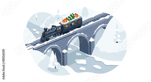 Charming Christmas train bringing holiday cheer through snowy winter wonderland landscape with presents and decorations for seasonal celebrations