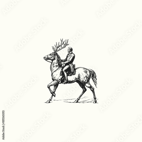 vintage engraving illustration of a gentleman riding a horse hybridized with large stag antlers