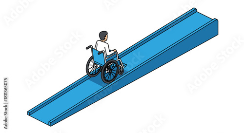 Person in wheelchair using ramp for access and inclusion, promoting accessibility and empowerment in modern design with focus on independence