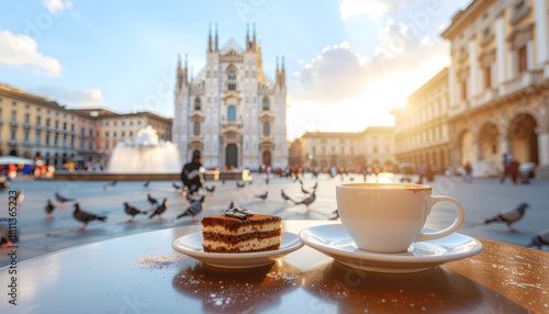 Tiramisu and Coffee in Milan's Piazza del Duomo at Sunset