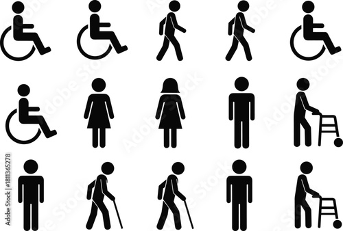 Vector set of human pictogram icons including wheelchair user, standing man and woman, walking person, elderly with cane and walker, accessibility public toilet symbols