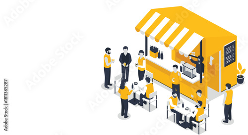 Trendy isometric street food vendor serving diverse customers at vibrant outdoor market, a modern social gathering spot, perfect for summer festivals