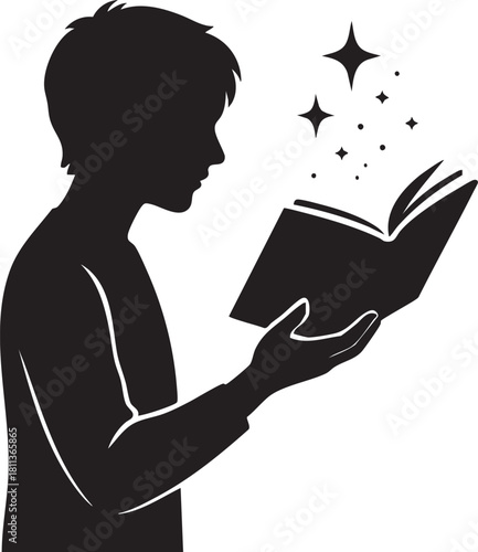 Person reading a magical floating book silhouette vector