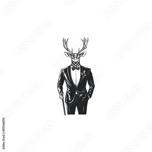 illustration of an anthropomorphic stag wearing a sophisticated tuxedo and bow tie, holding a cane