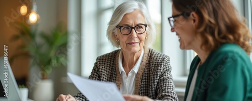 Older woman in glasses talks with younger woman about insurance policy documents. They sit at a desk, review papers, discuss elder care options and retirement planning for future security.