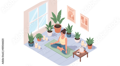 Find inner peace with mindful meditation in a light-filled, plant-filled room, fostering wellness and calm for a balanced lifestyle at home