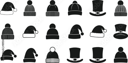 Vector set of winter hat silhouettes, Santa Claus caps and knitted beanies, snowman top hat icons, black headwear collection for Christmas holiday design
