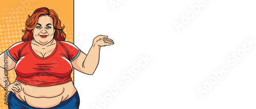 A pop art style overweight woman points to a blank banner. Pop art in comic book style vector.