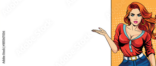 A stylish young woman in pop art style points to a blank banner. Pop art in comic book style.