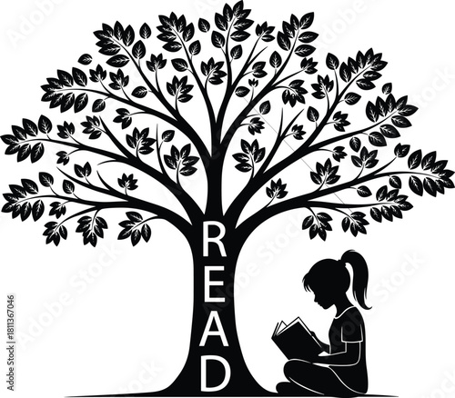Vector silhouette of big tree with read text on trunk, young girl sitting under branches reading a book, education and knowledge concept illustration design