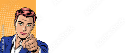 A pop art businessman points at you with a blank banner. Pop art in comic book style.